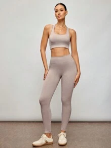 Activina Activina 2pcs Seamless Yoga Set Gym Set Cut Out Back Tank Top Hip-Hugging Leggings Workout Women Set