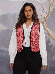 SHEIN VCAY 大码女式波西米亚风格双面复古做旧无袖花卉图案设计休闲背心，适合秋冬季 - 彩色 - 查看 7