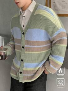 Manfinity Hypemode Men's Casual Striped Color Block Drop Shoulder Loose Button Front Cardigan
