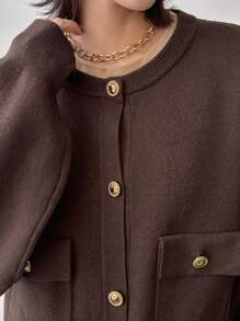 FRIFUL Women's Casual Solid Color Turnover Pocket Cardigan For Autumn/Winter - Brown - View 6