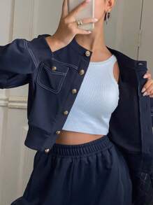Livesso Set de 2 piezas de top de manga larga con cuello redondo y botones delanteros y pantalones de unicolor, nueva colección de otoño, conjunto de ropa de descanso para volver a la escuela para mujeres - Azul Marino - Ver 5