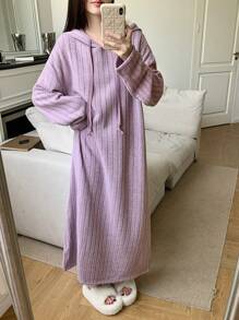 DAZY 冬季保暖简约保暖罗纹针织连帽宽松家居服，保暖内衬，适合秋冬季节，蓬松舒适，睡衣款式。 - 紫色 - 查看 3