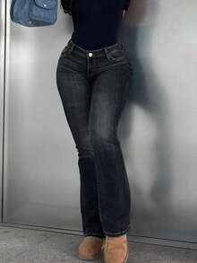 女式复古弹力修身喇叭牛仔裤 - 黑色 - 查看 4