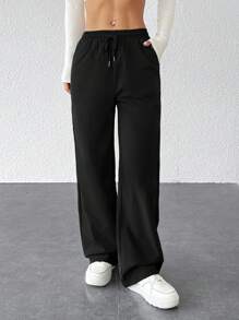 SHEIN PETITE Women's Casual Solid Color Drawstring Waist Loose Pants, Versatile Sports