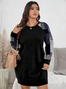 SHEIN LUNE Sweat-shirt raglan à manches texturé à carreaux minimaliste pour grande taille, convenant pour l'automne et l'hiver