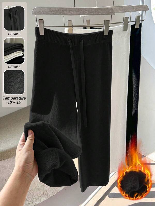 Franclia Nuevo estilo de pantalón de pierna ancha y recta de cintura alta y estrecha, pantalón grueso de punto forrado térmico para mujer