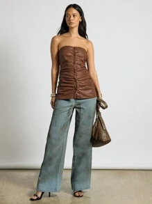 AiiRZ Luxury Vegan Leather Corset Top Sleeveless Button Front Ruched Waistcoat Fall Winter Party Evening Bodycon Fashion Vest - Brown - View 5