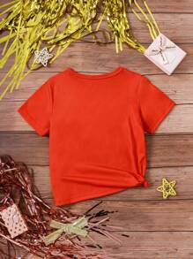 SHEIN Girls' New Year 2025 Print Red Short Sleeve T-Shirt, Casual & Versatile For New Year Party & Celebration