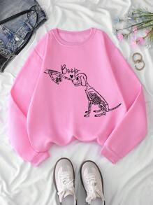 SHEIN EZwear 女士秋冬款狗狗印花圆领长袖羊毛衫 - 淺粉色 - 查看 5