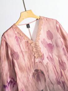 Al Najma Women's Gradient Floral Print V-Neck Lace Insert Elegant Dress - Purple - View 14