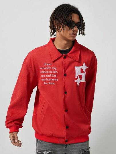 Men's Solid Color Front Button Long Sleeve Minimalistic Letter Print Casual Jacket