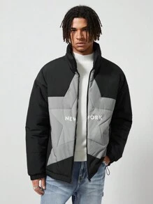 ROMWE MEN Street Life Chaqueta con cremallera de forro polar con estampado de estrella y letras para hombre en invierno