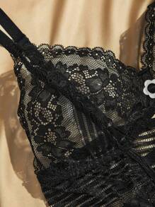 Charlaine Sexy Solid Color Sheer Lace Lingerie Set - Black - View 4