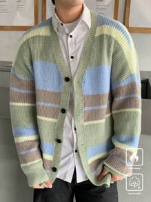 Manfinity Hypemode Men's Casual Striped Color Block Drop Shoulder Loose Button Front Cardigan