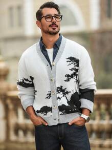 Manfinity Homme Men's Tree Pattern Long Sleeve Single Breasted Casual Cardigan, Autumn/Winter - Multicolor - View 4