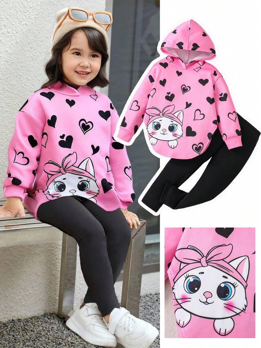 SHEIN Bộ 2 chiếc/Bộ Áo hoodie len họa tiết mèo dễ thương cho bé gái và quần dài len bó sát - Nhiều màu - Xem 1