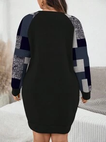 SHEIN LUNE Sweat-shirt raglan à manches texturé à carreaux minimaliste pour grande taille, convenant pour l'automne et l'hiver