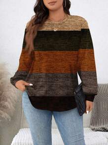 EMERY ROSE Plus Size Stripe Print Casual Minimalist Round Neck Loose Sweatshirt ,Spring - Multicolor - View 4