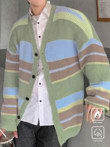 Manfinity Hypemode Men's Casual Striped Color Block Drop Shoulder Loose Button Front Cardigan