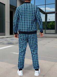 Manfinity Homme 男士格子印花拉链口袋长袖夹克和裤子休闲西装 - 彩色 - 查看 2