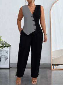 SHEIN LUNE Bộ đồ 2 món cho nữ cỡ lớn, áo vest và quần đơn hàng ngày, trang phục thường ngày - Nhiều màu - Xem 4