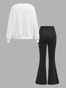 青少年女孩复古风格学院风针织圆领长袖运动衫套装 - 藍色 - 查看 2