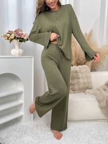 2pcs Minimalist Women Solid Color Round Neck Drop Shoulder Long Sleeve T-Shirt And Pants Homewear Set