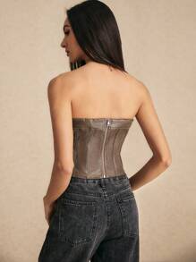 Poéselle Women's Faux Leather Bustier Top,A Vintage-Inspired, 90s-Revival Cropped Corset-Style Top With Back Zipper, Perfect For Autumn Parties, Halloween, And Versatile Fall Fashion, Blending Retro Charm With Modern Edge In A Rich Hue.