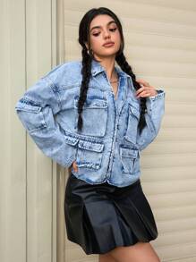SHEIN EZwear 女式落肩长袖实用口袋休闲牛仔夹克，秋季 - 淺色水洗藍 - 查看 7