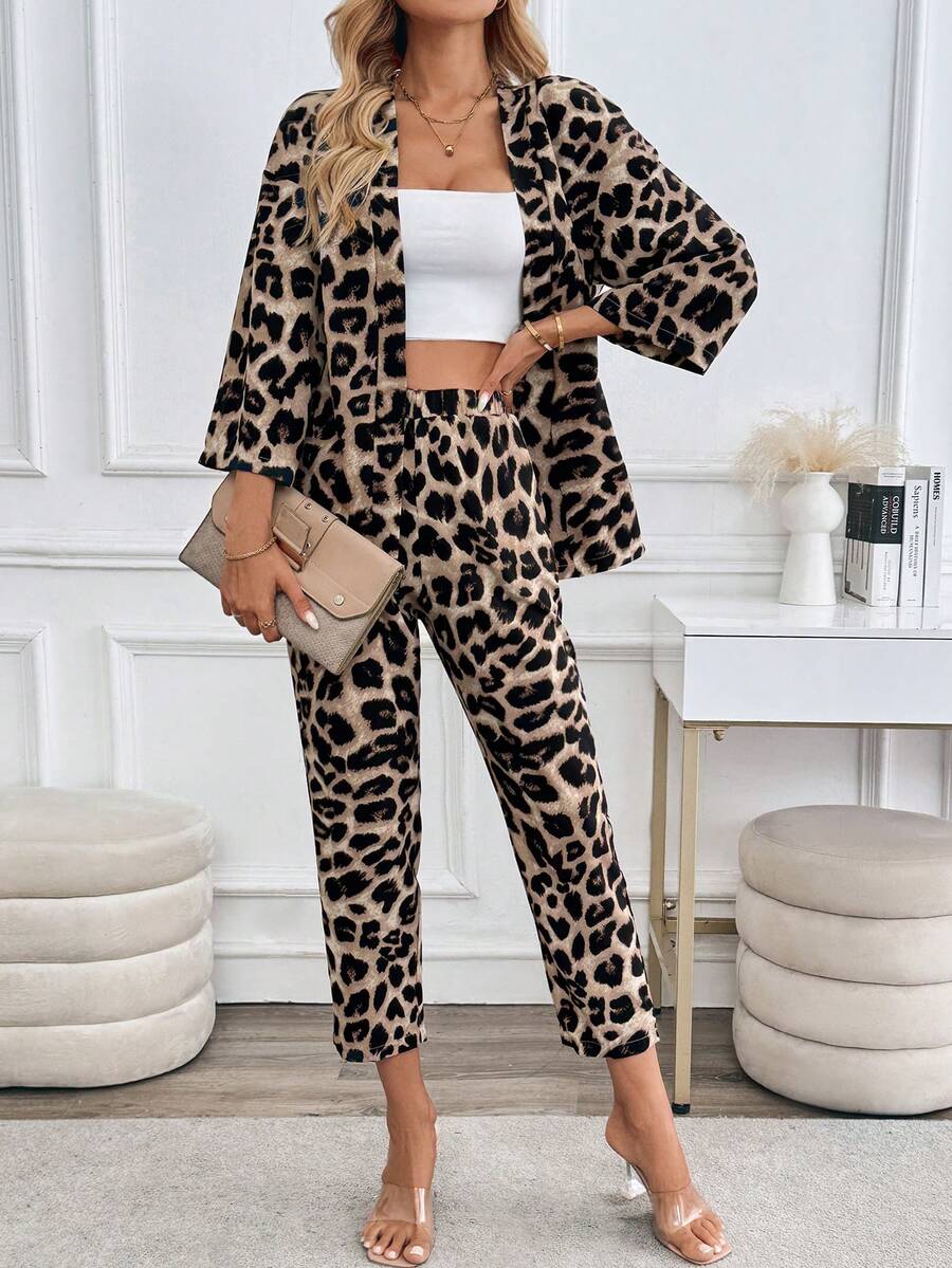 SHEIN LUNE Bộ 2 chiếc/Bộ áo khoác kimono dài tay họa tiết da báo thường ngày cho nữ và quần, Xuân/Thu - Nhiều màu - Xem 1