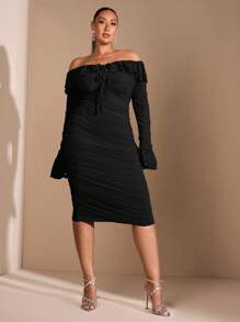 SHEIN BAE Plus Size Fall Sweet Sexy Elegant Woman Green Off Shoulder Ruffle Gathered Long Sleeve Mid-Length Dress Party Dress Wedding Guest Dress Sweet Dress Sexy Women Outfits Fall Clothes Sexy Women Dresses Elegant Women Dresses