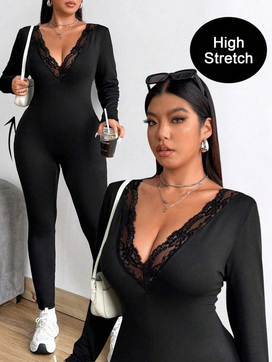 Flirla 大码女式深 V 领蕾丝拼接修身性感黑色连体裤，秋冬款 - 黑色 - 查看 1
