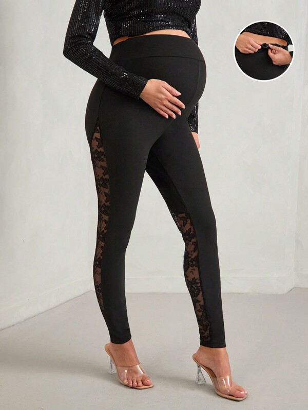 MaterniChic Mallas negras de maternidad con paneles de encaje en contraste