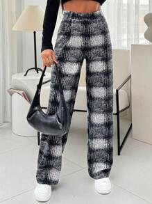 EURMUSE Women Check Pattern High Waist Straight Pants - Grey - View 6