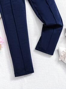 SHEIN Tween Girl Solid Color Double-Breasted Urban Tapered Pants - Navy Blue - View 4