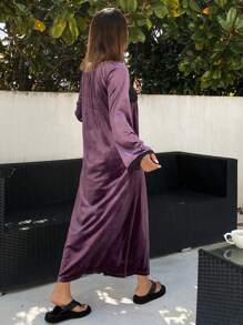 DAZY Velvet & Lace Patchwork Nightgown, Winter Pajama - Purple - View 2