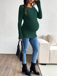 SHEIN Maternity Casual Solid Color Slim Nursing Long Sleeve T-Shirt, Nursing T-Shirt, Autumn/Winter - Green - View 4