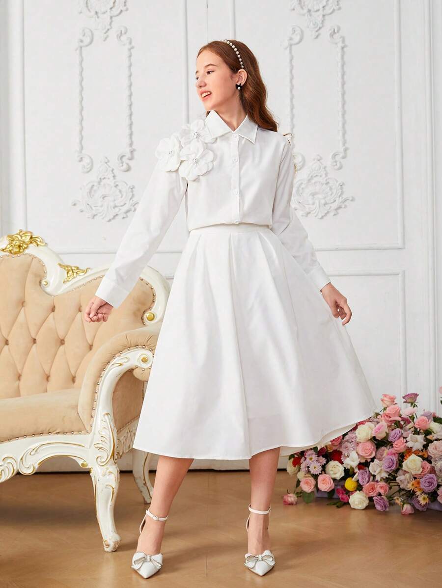 SHEIN Explorewe 青少年女孩 2 件套：优雅象牙色花卉 3D 装饰长袖衬衫 + 中长裙 - 白色 - 查看 1