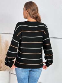 SHEIN LUNE 加大码条纹落肩毛衣，适合秋冬季节穿着，保暖舒适。 - 黑色 - 查看 2