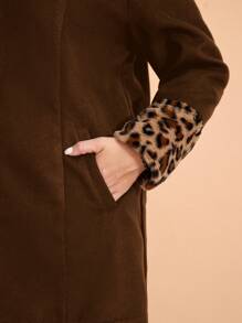 EMERY ROSE Plus Size Fall Clothes Curve Thanksgiving Women Leopard Print Patchwork Woolen Overcoat, Autumn Winter - Coffee Brown - View 6