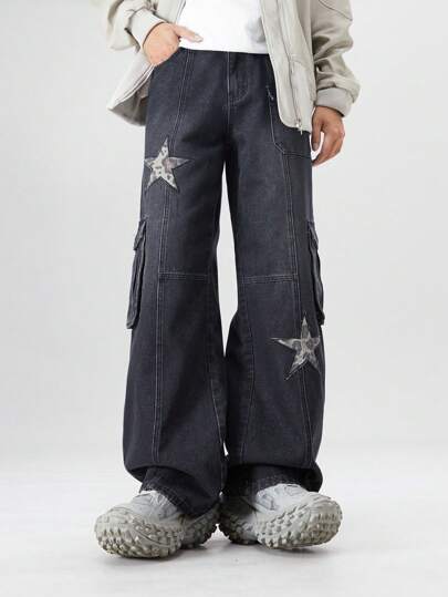 Street Life Jeans en denim ample pour hommes avec imprimé étoile et léopard, coupe ample avec poches cargo