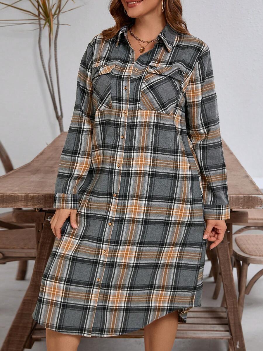 EMERY ROSE 大码休闲格子前排扣衬衫裙，秋季