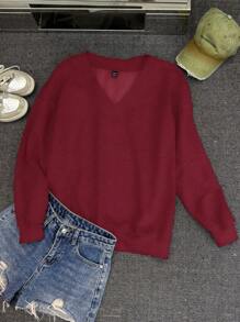 SHEIN CURVE+ Sudadera de manga larga casual y versátil, de cuello en V rojo, para talla grande, para invierno