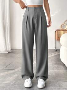SHEIN PETITE Quần ống đứng thanh lịch màu trơn có túi cho nữ khi đi làm - Xám - Xem 5