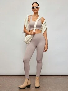 Activina Activina 2pcs Seamless Yoga Set Gym Set Cut Out Back Tank Top Hip-Hugging Leggings Workout Women Set