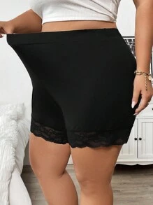 SHEIN CURVE+ Plus Size Women's Lace Patchwork Leggings And Shorts (2 Pieces Set) - Black - View 5