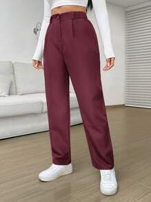 SHEIN EZwear Pantalones rectos de talle alto informales de un solo color - Burdeos - Ver 4