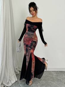 Elenzga Women Elegant Dark-Toned Stretch Mesh Floral Patchwork Off Shoulder Drawstring Asymmetrical Fishtail Dress Maxi Women Outfit - Black - View 3