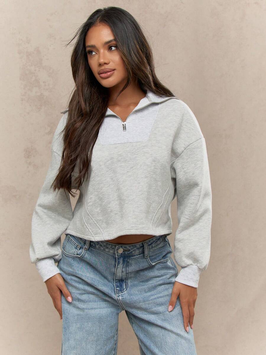 MISSGUIDED Quarter Zip Crop Sweatshirt Athletic Casual Pullover Loungewear Workout Fall Winter Half Zip Collared Athleisure Activewear - Grey - View 1
