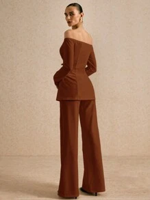 Poéselle 女式纯色露肩长袖单排扣西装外套和裤子套装，秋季 - 棕色 - 查看 6